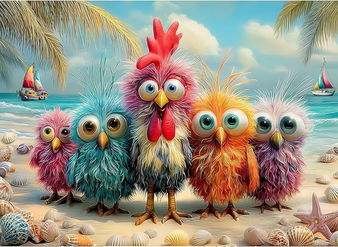 Puzzles for Adults 500 Pieces, Chicken Jigsaw Puzzles - Beach Bunch, Impossible Beach Puzzles for Seniors Family, 20.47x14.96 inches, 1:1 Poster, Letter on The Back