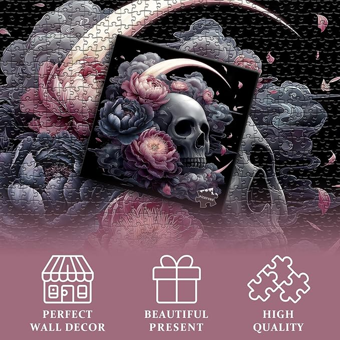 Skull Puzzle for Adults 1000 Pieces, Vintage Flower Puzzle Horror Skeleton, Black Art Floral Moon Challenge Jigsaw Puzzle