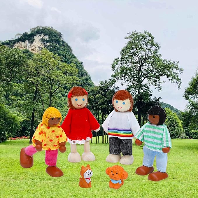 ONEST 17 Pieces Wooden Dollhouse Family Set Mini People Figures Dog Cat Sets Dollhouse Dolls Wooden Doll Family Pretend Play Figures Accessories for Pretend Doll House
