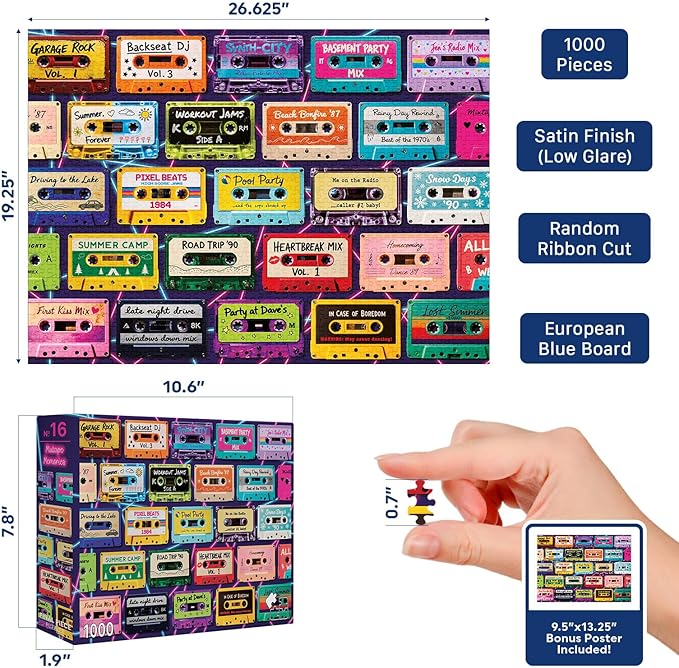 Mixtape Memories (No. 16) – 1000 Piece Retro Jigsaw Puzzle for Adults | Printed in USA | Satin Low-Glare Finish | Random Ribbon Cut | Bonus Poster | Premium Display-Worthy Box | Final Piece Puzzles
