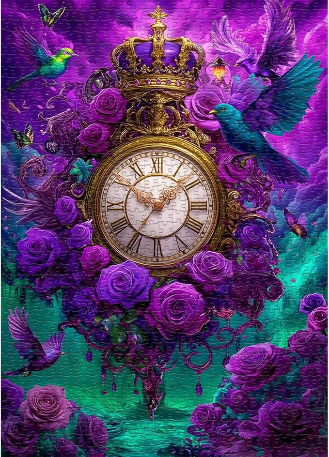 Fantasy Puzzles for Adults 1000 Pieces, Magic Landscape Clock Purple Flower Rose Jigsaw Puzzle, Bird Animal Colorful Challenge Puzzle