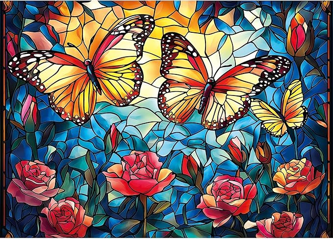 Blueforest 1000 Piece Stained Glass Butterfly Jigsaw Puzzle - Vibrant Mosaic Flower Garden Puzzle, Complex Art Therapy Puzzles for Adults, Framable Wall Decor 27.5"x19.7"