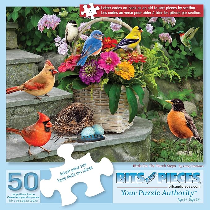 Bits and Pieces 50 Piece Puzzles for Adults 50 Large Pieces 15" x 19" Jigsaw Puzzles, Birds and Flowers, Random Die Cut, No 2 Pieces Alike, Birds on the Porch Steps