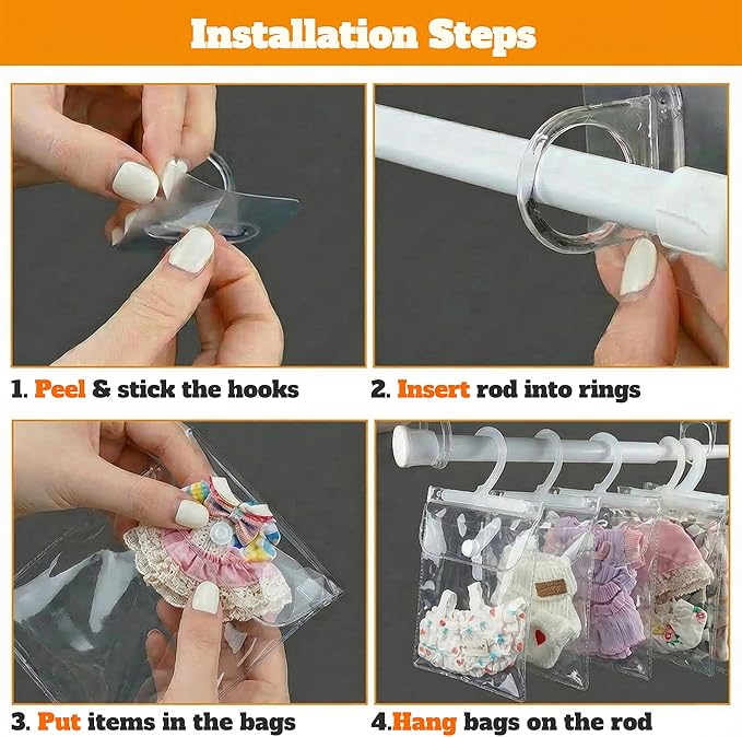 10 Pack Clear Doll Clothes Storage Bags with Hanging Rod & Hooks, Compatible with Labubu Clothes - PVC Transparent Organizer Set for Dolls, Space-Saving Wardrobe System