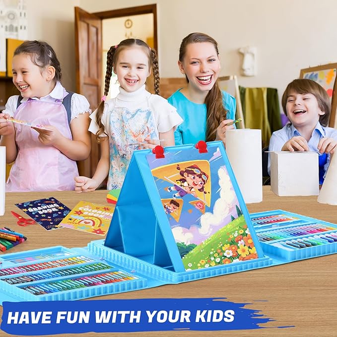 All in One Art Supplies, Art Kit Includes Origami & Paper-Cutting Crafts, Easel, Colored Pencils, Crayons, Drawing Book, Coloring Book, Watercolor Markers and More, Art Set for Kids Girls Boys, Blue