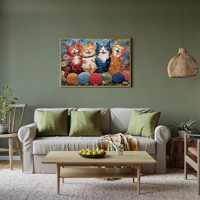 Puzzles for Adults 500 Pieces - Joyful Cat, Quilted Patchwork Artwork Style, Impossible Cat Jigsaw Puzzles, Finished Size 20.47 * 14.96”, with 1:1 Poster, Letter on The Back
