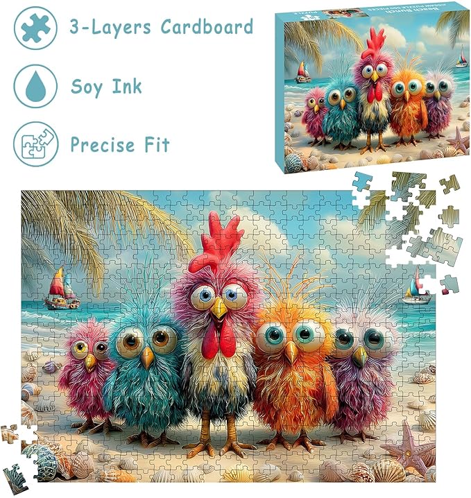 Puzzles for Adults 500 Pieces, Chicken Jigsaw Puzzles - Beach Bunch, Impossible Beach Puzzles for Seniors Family, 20.47x14.96 inches, 1:1 Poster, Letter on The Back