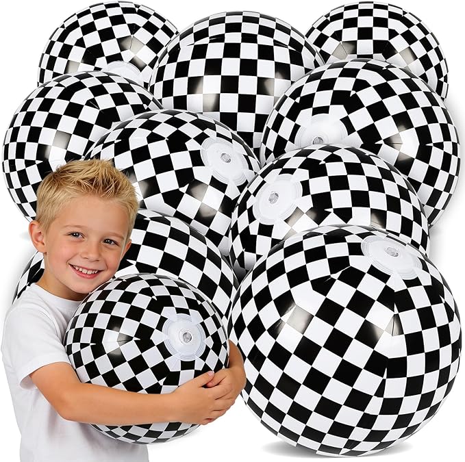 SCIONE 12 Pack 12 Inch Black and White Checkered Flag Inflatable Balls, Beach Balls for Race Car Party Decorations, Truck Birthday Favors & End of Year Student Gifts