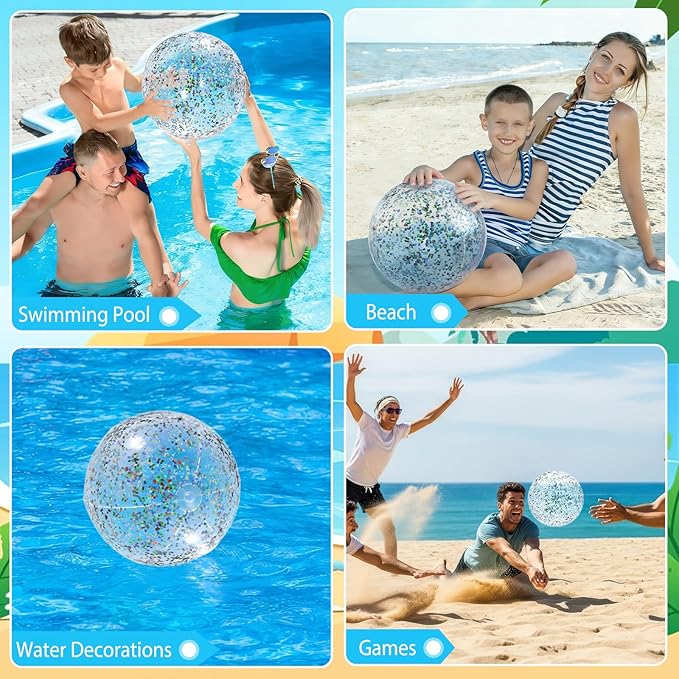 12 Pack Colorful Glitter Beach Balls 16" Large Inflatable Sparkly Confetti Pool Balls Glitter Pool Toys PVC Jumbo Sport Ball for Birthday Hawaiian Wedding Christmas Happy New Year Party Favor