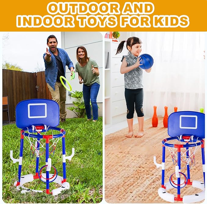 Taotuo Blue Floating Pool Basketball Hoop with Backboard, 2-in-1 Basketball & Ring Toss Game with 4 Balls, 6 Rings&Pump, Summer Pool Toys Outdoor Water Fun Family Party for Age 3-12