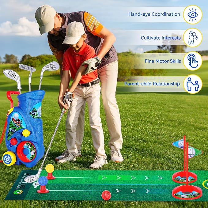 Toddler Golf Set with Shoulder Strap for Kids Ages 2-5, Portable Golf Clubs, Cart & Putting Mat - Indoor Outdoor Sports Toys - Blue