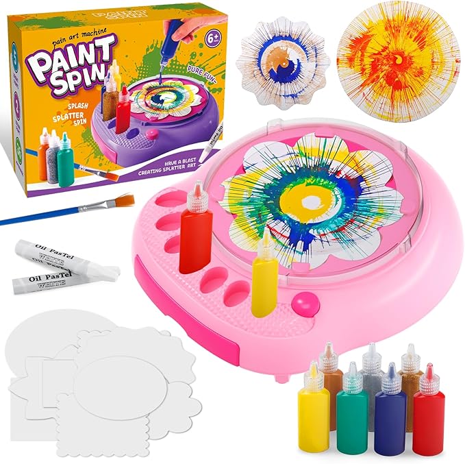 Spin Art Machine for Kids, Paint Spinner Arts and Crafts Kit with 7 Washable Paints & 36 Art Boards, Painting Art Kits for Boys Girls Ages 4 5 6 7 8 9 10 11 12, Birthday Gift Pink