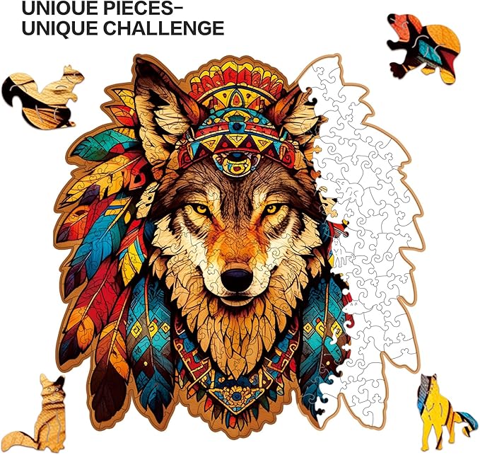 Wooden Puzzle for Adults,Wolf Totem Style Jigsaw Puzzles 300 Piece,Unique Shape Puzzle Challenge 14.9 x 14.9 Inch,Birthday Gifts Family Game