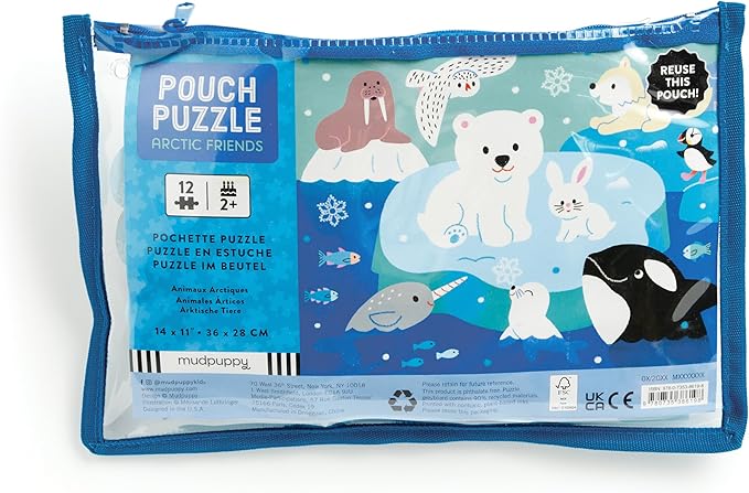 Mudpuppy Arctic Friends – 12 Piece Puzzle with Reusable Zipper Pouch Featuring Colorful and Fun Illustrations of Arctic Polar Animals Perfect for Easy Storage and Travel
