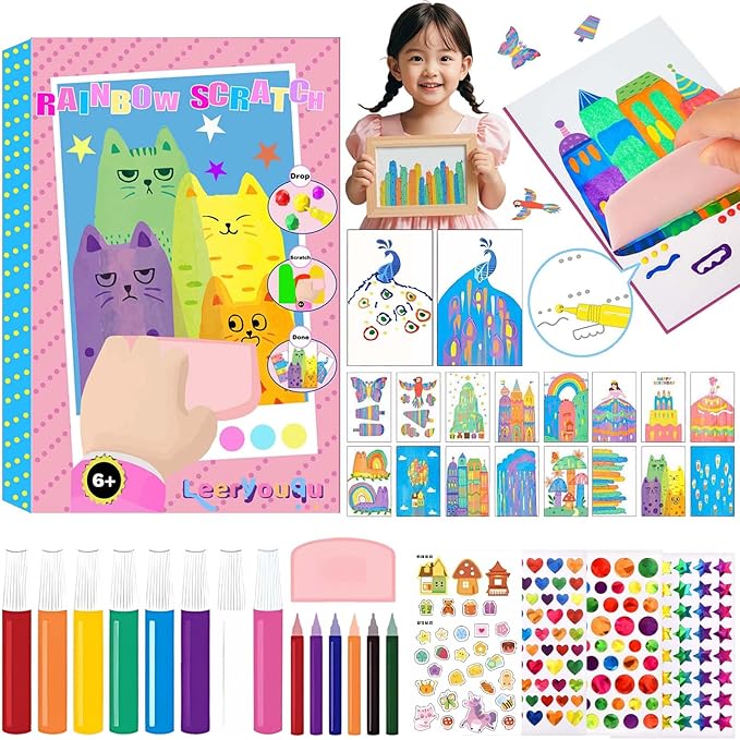 LEERYOUQU Squeegee Art Craft Kit, Creative Painting Kit for Kids, Rainbow Scratch Paper Art Set Notebooks, Magic Dot Scratch Painting Party DIY Gifts for Girls and Boys