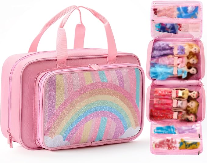 Carrying Case Compatible with Barbie Dolls 12-Inch, Storage Organizer Holder with Handle for up to 6 Dolls, Multiple Pockets for Clothes & Accessories,Travel Portable Storage Bag,Pink
