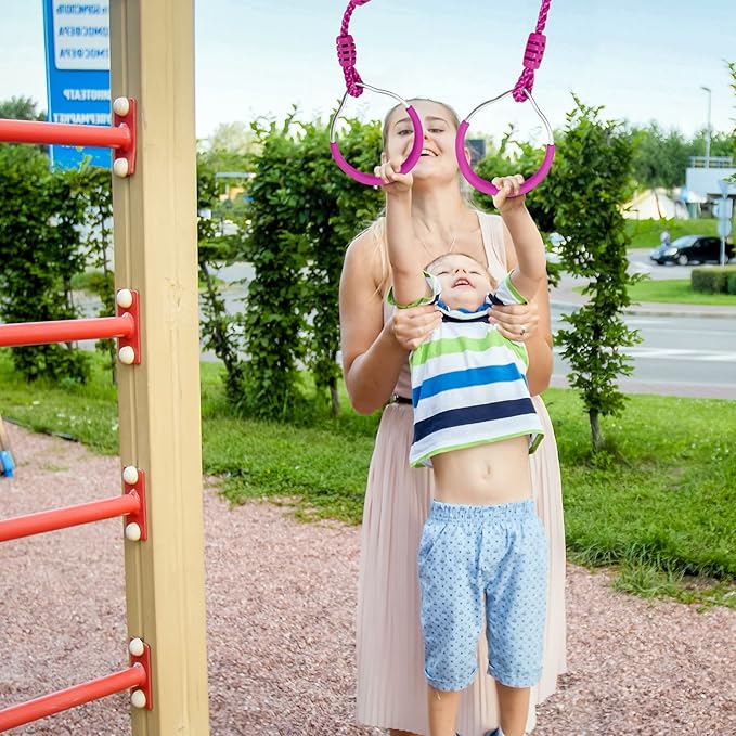 Swing Gymnastic Ring Warrior Obstacle Course Slackline Climb Trapeze Fist Training Equipment, 4 Purple Ninja Monkey Bar Hang Jungle Fist Workout Outdoor Indoor Home Gym Backyard Playground Play Sets