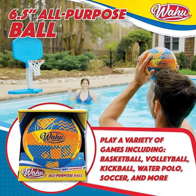 Wahu 100% Waterproof All-Purpose Pool Ball for Beach Volleyball, Soccer, and More, 6.5" Round Water Ball for Beach and Pool Sports Games