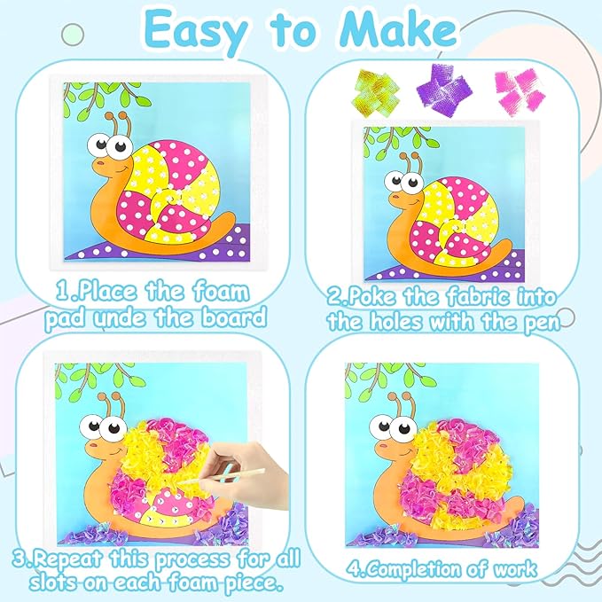 KIFHCMPR Poke-in Fun Art Fabric Craft,Animals Theme,Mess Free Kids'Paper Craft Kits,Arts and Crafts for Kids,Art Activity Birthday Christmas Gift Ideas for Children,Toys for Girls &Boys Ages 4-10+