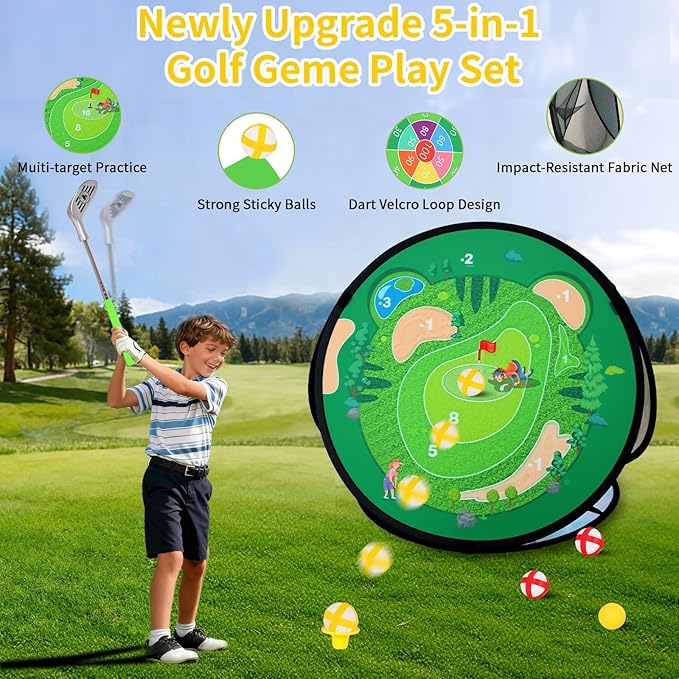 AOSITE Toddler Golf Set, 5 in 1 Kids Sticky Golf Games Toys with 3 Golf Clubs, Putting Mat, 4-Sided Chipping Net, Golf Sport for Kid, Indoor Outdoor Toy Kids Golf Set Activitie Party Birthday Gift 3+
