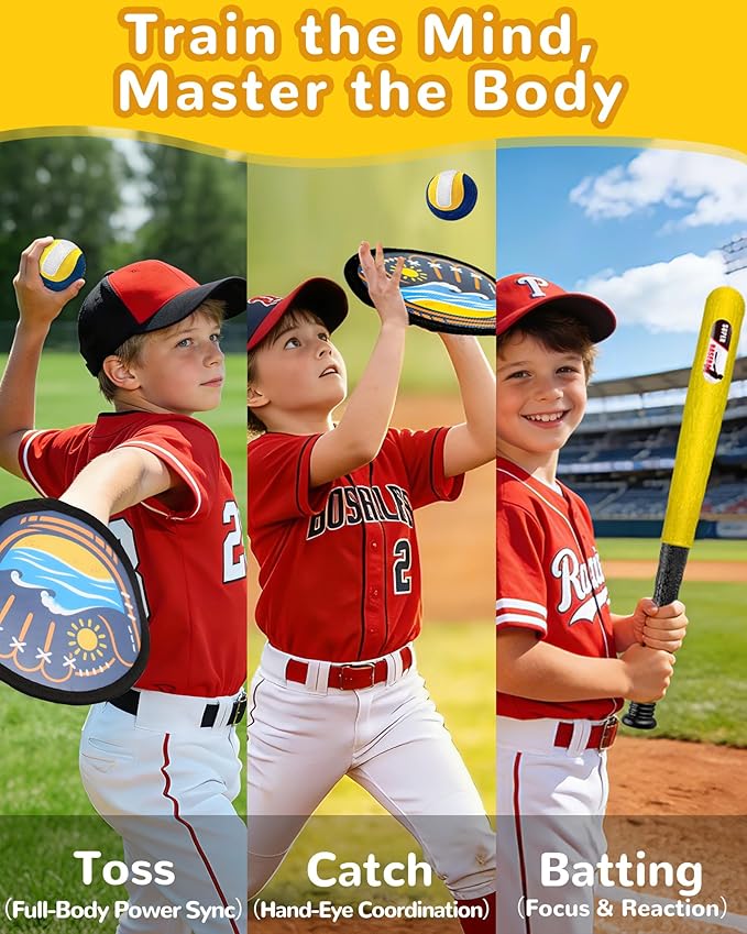 Toss and Catch Baseball Toys,Outdoor Sport Games for Kids and Family with Tball Bats and Toddler Baseball Glove and Sticky Soft Balls. Great for Yard Lawn Beach Pool and Indoor Fun