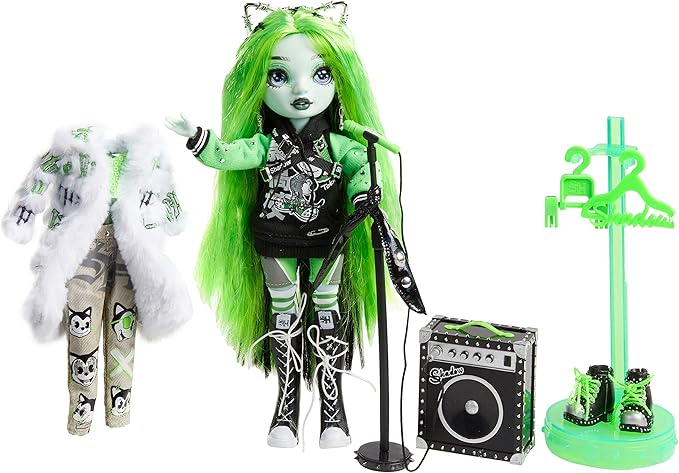 Rainbow Vision Shadow High Neon Shadow- Harley Limestone (Neon Green) Posable Fashion Doll. 2 Designer Outfits to Mix & Match, Rock Band Accessories Playset, Great Toy Gift Kids 6-12 Years & Collector