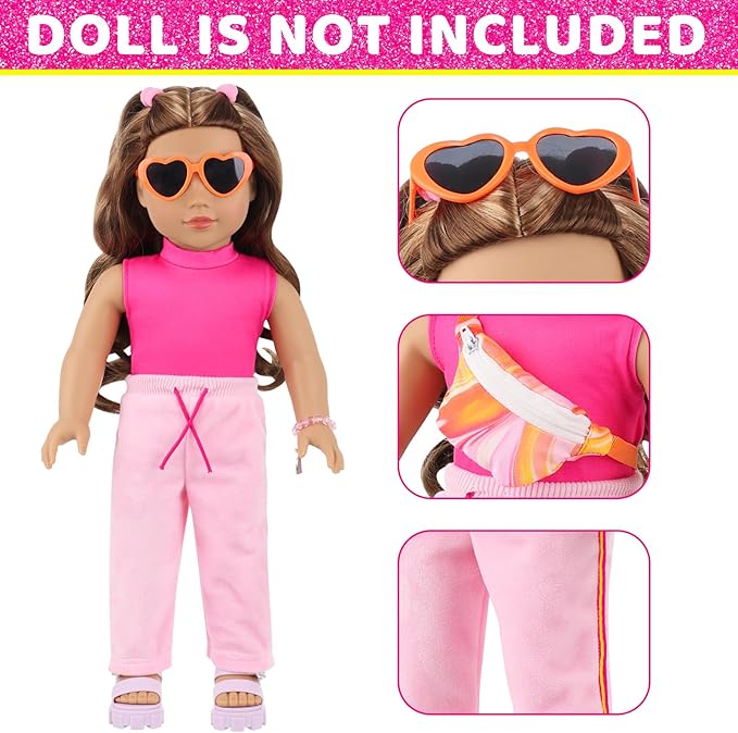 American 18 inch Doll Clothes and Accessories Travel Bag Set Including Pink Top Pants Sunglasses Camera Toy Cell Phone Hair Ties and Bracelet Fit for 18 inch Doll