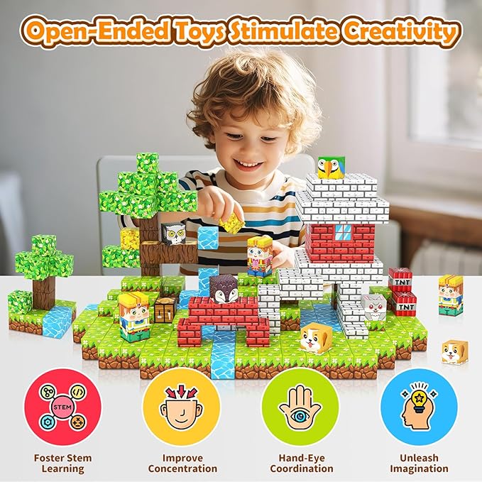 Magnetic Blocks with Animals, Magnetic Building Blocks Magnet Cube Toys Stacking, Build Forest World Set, STEM Montessori Sensory Toys for Gifts (100 Forest Animals)