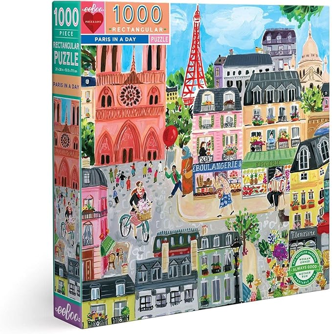 eeBoo 1000 Piece Puzzle - Paris in a Day Jigsaw Puzzle for Adults, Rectangular 28" x 21" Made with Recycled Board & Vegetable-Based Ink