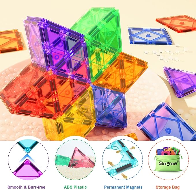Soyee 102PCS Magnetic Tiles Building Blocks Stem Toys for 3+ Year Old Boys Girls Montessori Toys Toddler Kids Gifts Parents Approved Sensory Toys
