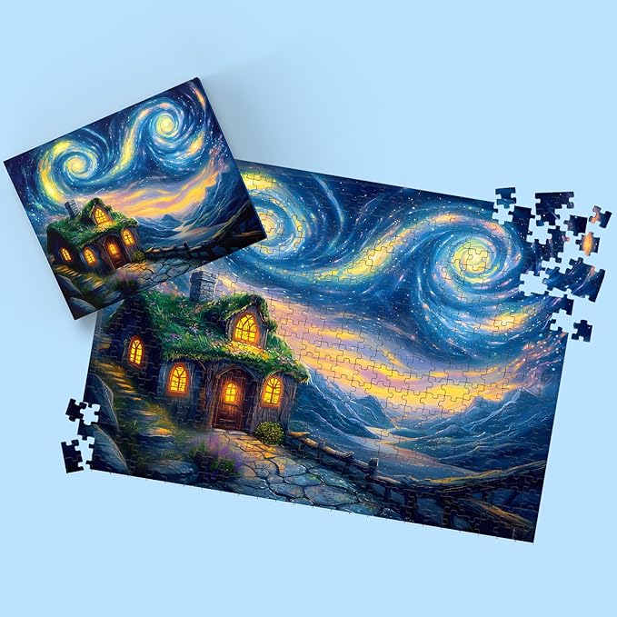 Puzzles for Adults 500 Pieces, Starry Night Jigsaw Puzzles 500 Pieces - Starry Cottage, Cottage Landscape Puzzles, Finished Size 20.47 * 14.96”, with 1:1 Poster, Letter on The Back