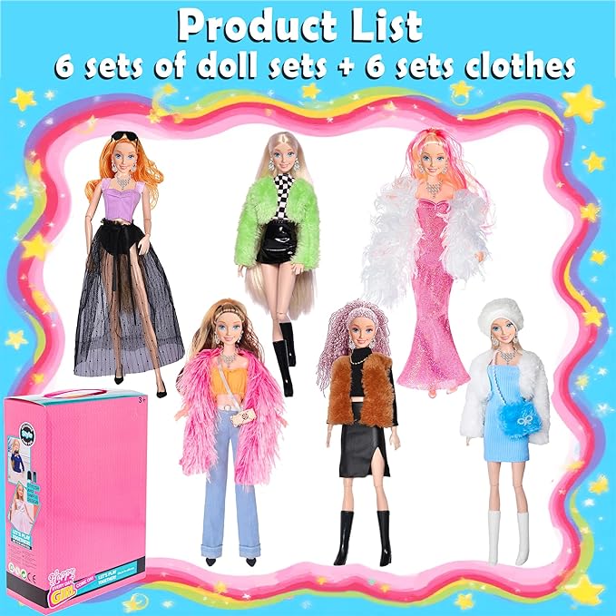 ebuddy 6 Pack 11.5 Inch Fashion Dolls Set - 6 Stylish White Skin Dolls with Unique Outfits & Accessories