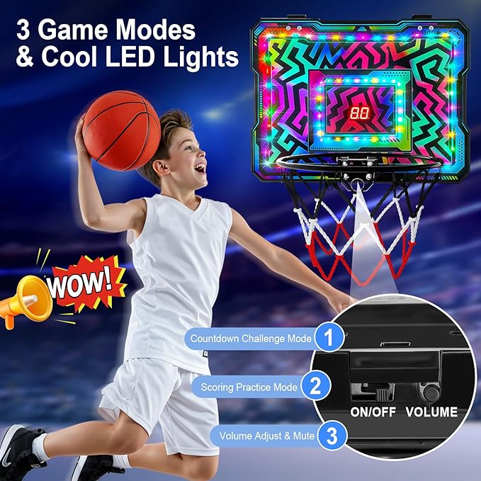 Indoor Mini Basketball Hoop, Over The Door Basketball Hoop with LED Lights/Scoreboard/4 Balls, Upgraded Reinforced Backboard Frame, Basket Ball Toys Gift for Kids Ages 3-5-12+ Boys Girls