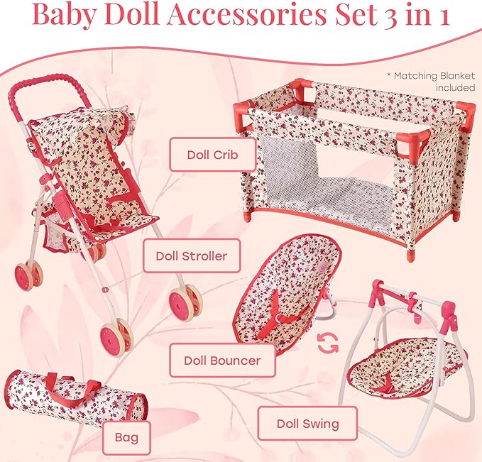 Deluxe Baby Doll Stroller and Crib Furniture Playset, Multi Baby Doll Accessories Set for 18" Dolls, Includes Doll Stroller Swing and Doll Bed Pretend Play for All Dolls - Floral