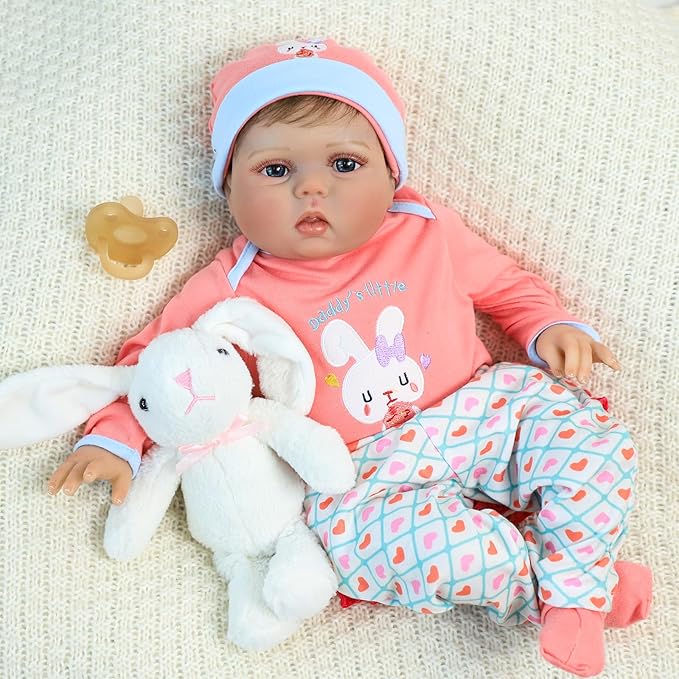 SCOM Reborn Baby Doll Clothes - 20 & 22 & 24 Inch 4 Pcs Doll Outfit Pink, Realistic Baby Bunny Clothing Set, Newborn Dolls Girl Onesies Gift