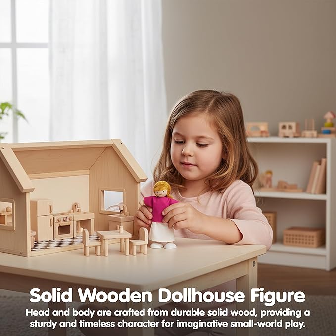 PlanToys® Mother Wooden Dollhouse Figurine | Poseable 1:12 Scale Mini Doll (5 Inch) | Dollhouse Accessories for Pretend Play | Eco-Friendly Montessori Toy for Kids Ages 3+