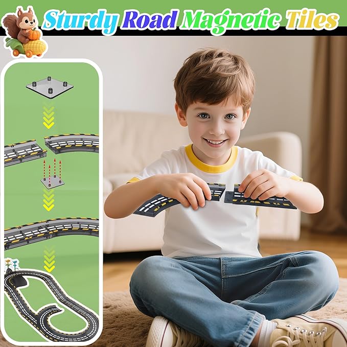 153PCS Magnetic Tiles Road Set with Toy Car & Flowers Building Toy, Magnet Tiles for Kids, Magnetic Building Blocks, STEM Toy Gift for Boys and Girls, Garden Track Themed