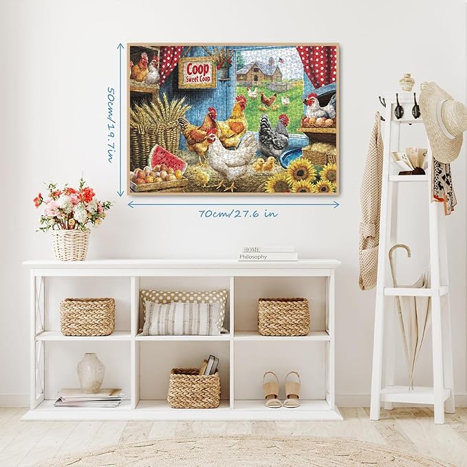 Chicken Farm Puzzle for Adults 1000 Pieces, Animal Flower Jigsaw Puzzle, Sunflower Thanksgiving Nature Rooster Barn Country Puzzle