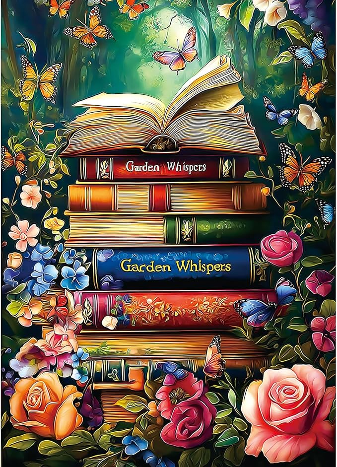 MINIWAN Cottagecore Garden Whispers Stacked Books 1000 Piece Jigsaw Puzzle for Adults, Vintage Blooming Flower Monarch Butterfly Jigsaw Puzzle, Gift for Book & Garden Lovers 27.5x19.7 Inch