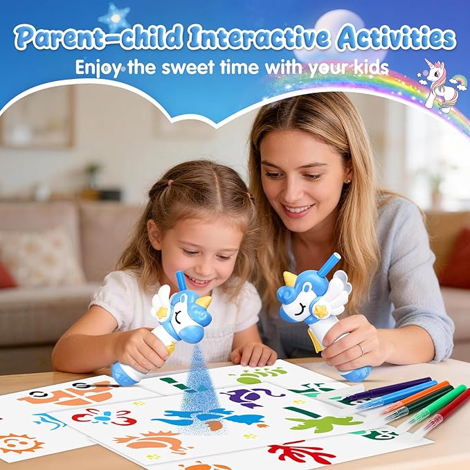 Unicorn Toys Air Brush Marker Sprayer Set, Art Supplies Kit, Art and Crafts for Kids Ages 8-12, 4 5 6 7 8 9 10 11 12 Year Old Girl Birthday Gifts, Includes 5 Washable Markers 8 Stencils