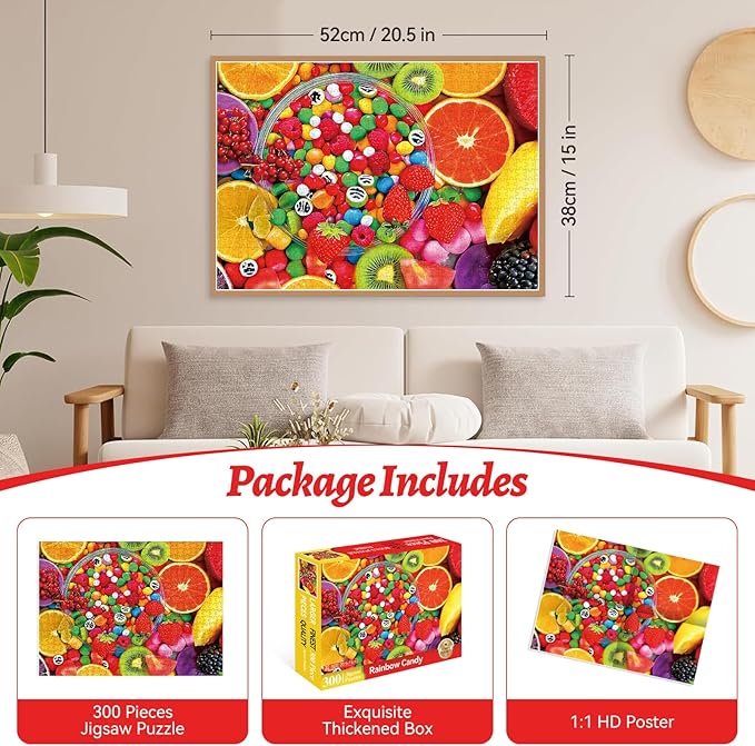 300 Piece Puzzles for Adults, 300 Piece Puzzles for Adults Elderly Large Piece, Fruit Candy Jigsaw Puzzle Funny Gift for Adult Kids Senior Challenging Family Games Toy, 20.5 X 15 in