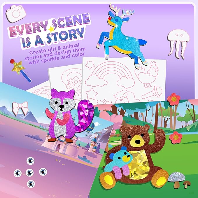 URMYWO Fun Foil Art Craft Supplies Kits, Princess Arts and Crafts for Kids Ages 4-8, No Mess DIY Creative Activity Sticker & Coloring Books, Travel Toys, Gifts for 4 5 6 7 8 9 10 Year Old Girls Boys