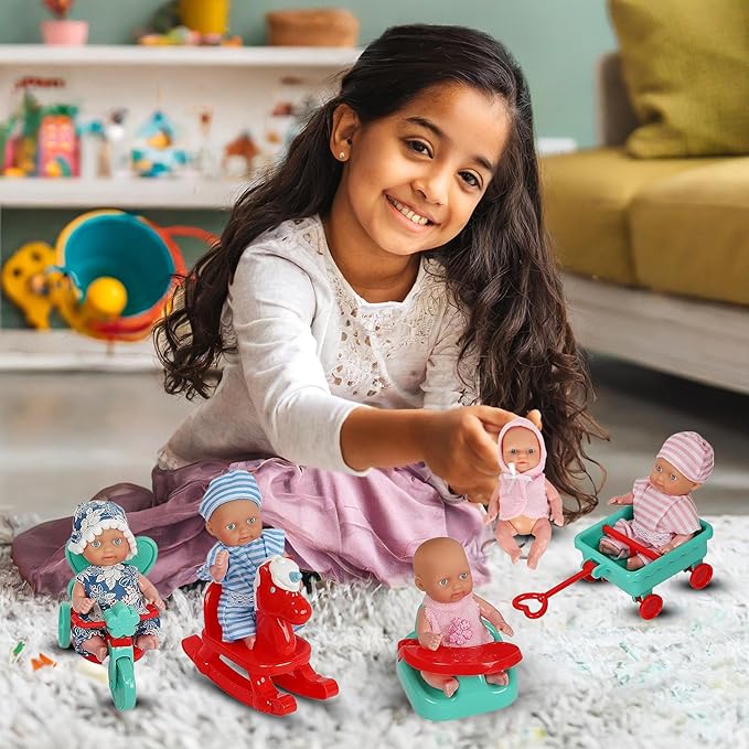 fash n kolor, 6 Mini Doll Set - 5" Inch Baby Girl Toy - Princess Toys Dolls - Baby Doll Crib, High Chair, Bathtub, Horse See Saw, Wagon and Bike Accessories - Dolls for 3+ Year Old Girls