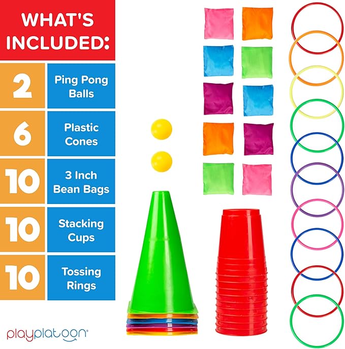 Play Platoon 38 Piece Carnival Games for Kids - Indoor Obstacle Backyard Course, Bean Bag Toss, Ring Toss, Cones, Cups, Games for Kids, Family Party Outdoor Inside