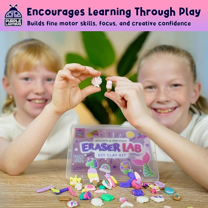 Eraser Lab DIY Clay Cute Eraser Kit for Girls - Unicorn & Mermaid Theme - Fun Craft Activity for Girls Aged 4 5 6 7 8 9 10, Back to School Supply, Birthday Gift Idea
