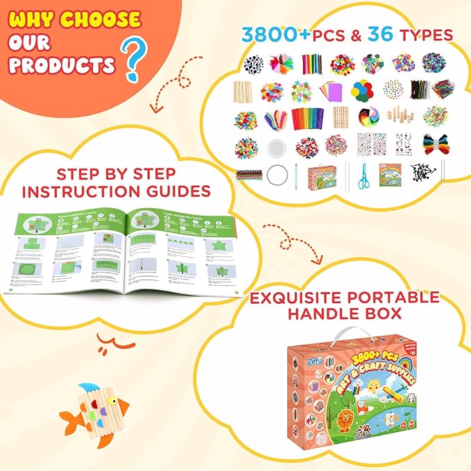 Zefy 3800+ Pcs Arts and Crafts Kit Supplies for Kids, All in One Art Supplies with 20 Crafts Design, DIY Craft Box Set School Supplies Gifts Toys for Girls Boys Ages 4-12