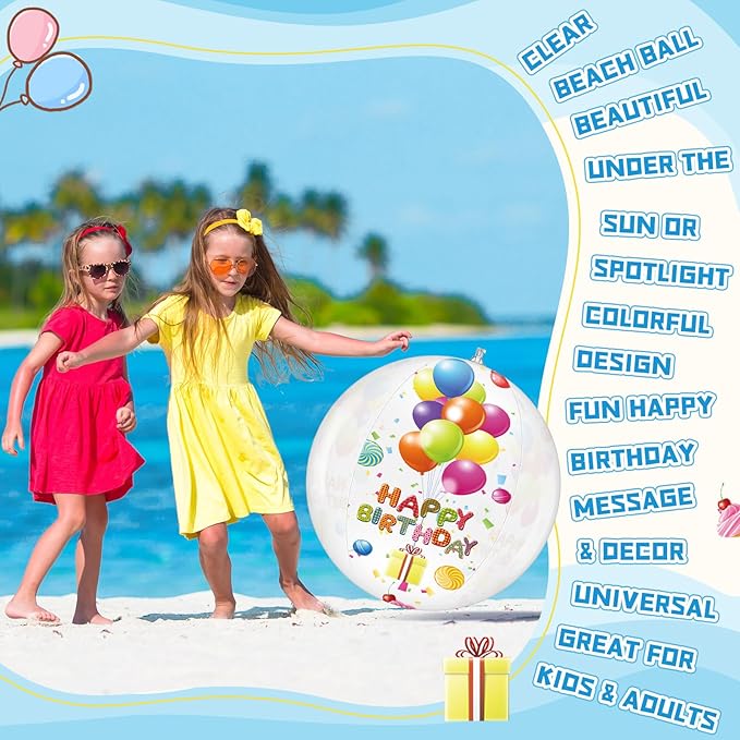 4 Pcs 20 Inch Birthday Beach Ball Clear Inflatable Pool Balls Bulk Large Pool Birthday Party Decorations for Swimming Outdoor Water Games Adults Gift Favor