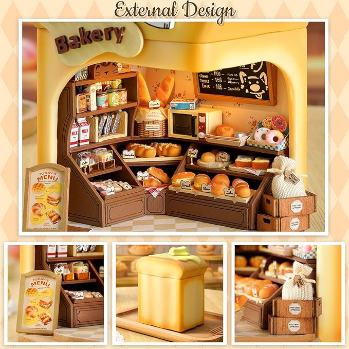 TuKIIE DIY Miniature House Kit with Furniture, 1:100 Scale Creative Room Mini Wooden Dollhouse Book Nook Plus Music Movement for Kids Teens Adults(Bakery Shop)