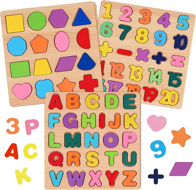 Attmu Wooden Puzzles for Toddlers, 3 Pcs Alphabet Puzzle ABC Shape Number Puzzle, Learning Toys for Kids, Preschool Educational Activities Toddler Gift Toys for Girls Boys Christmas Valentines Easter