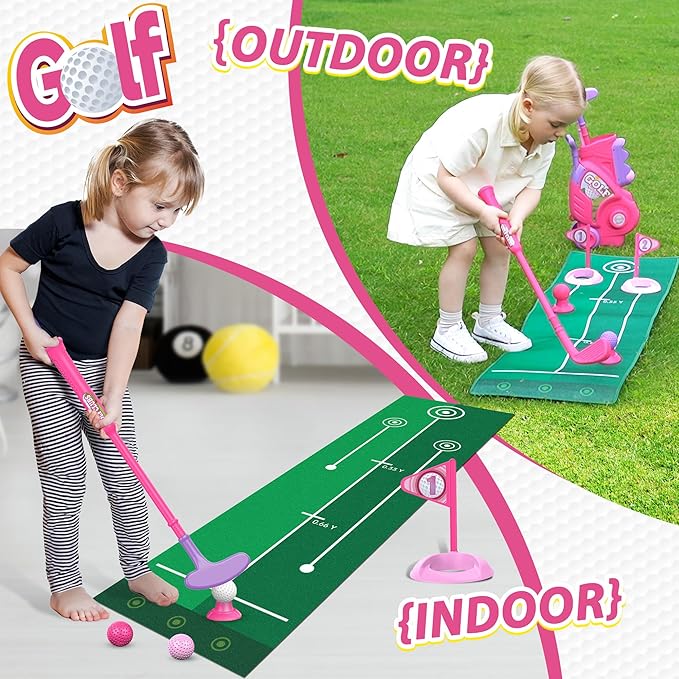 Liberry Toddler Golf Set for 2 3 4 Years Old Girls Boys, Upgraded Kids Golf Cart with Golf Cornhole Board & Putting Mat, Indoor and Outdoor Golf Toys Birthday Gift, Pink
